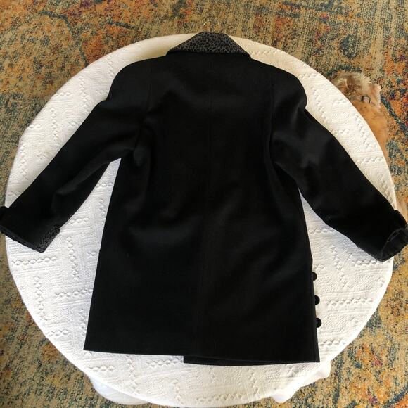 VTG 80s Alorna Forstmann Black Wool Peacoat Medium Cheetah Print Trim Mob Wife - Picture 9 of 12